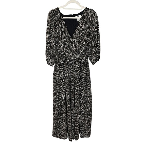 DKNY Maxi Dress Size 10 Puff Sleeve Black Beige Tiered Belted Workwear - Picture 1 of 10